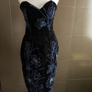 Chic Strapless Black Dress with Blue Floral Design